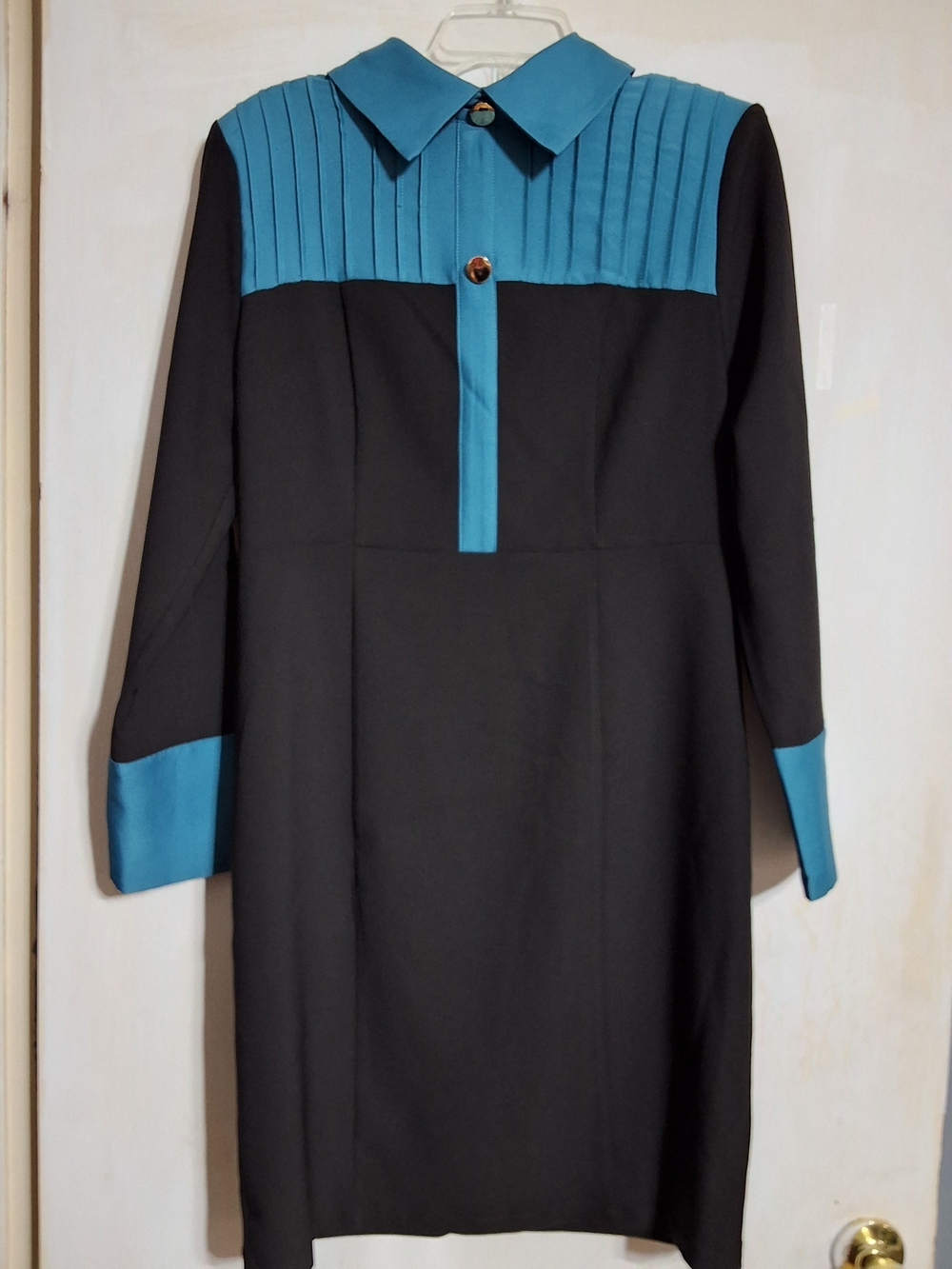 STYLEWE Black Dress with Teal Pleated Yoke and Cuff Accents